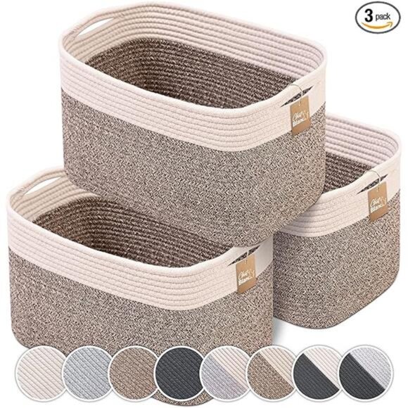 Cotton Rope Storage Baskets 3 Pack Off White Brown Laundry Toy Organizer Bin - Picture 7 of 7